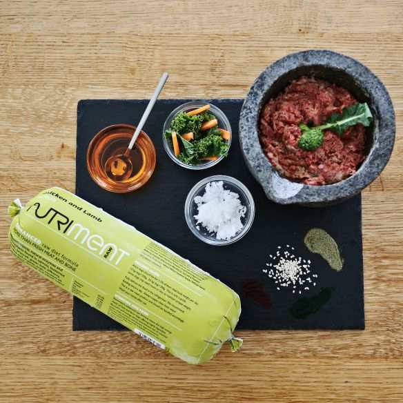 Nutriment Raw Chicken and Lamb Formula Dog Food with fresh ingredients in natural setting.