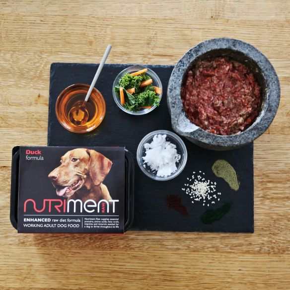 Nutriment Raw Duck Formula Dog Food on display with ingredients and packaging.