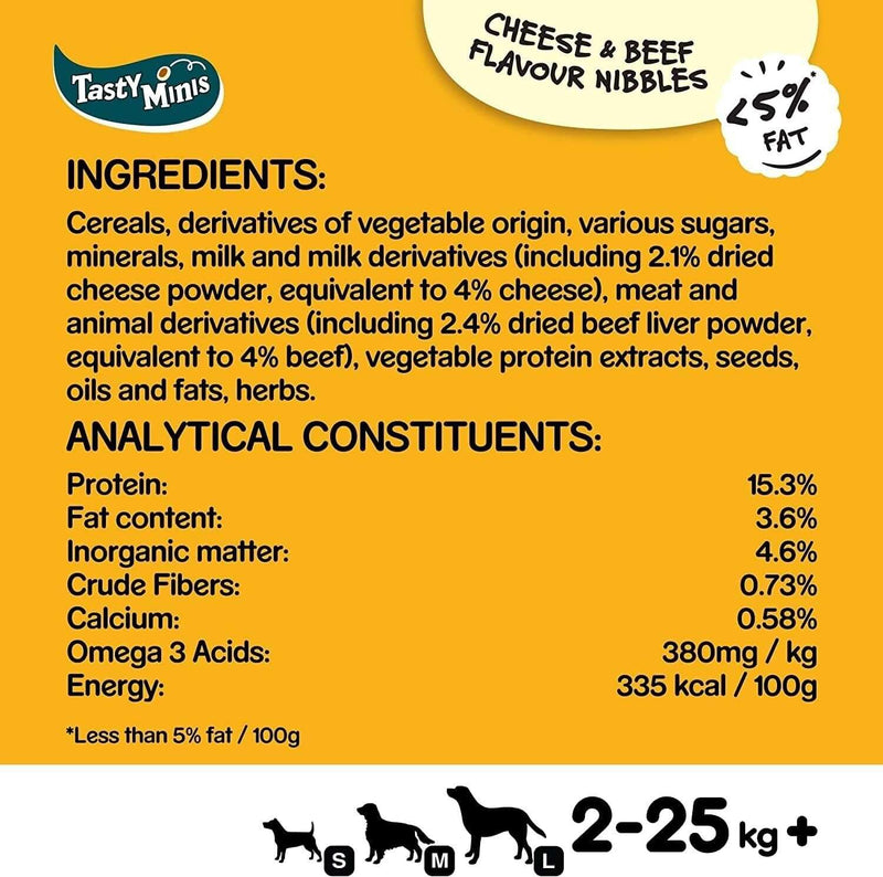 Pedigree Tasty Minis Cheese and Beef Dog Treats 140g bag ingredients and nutritional information.