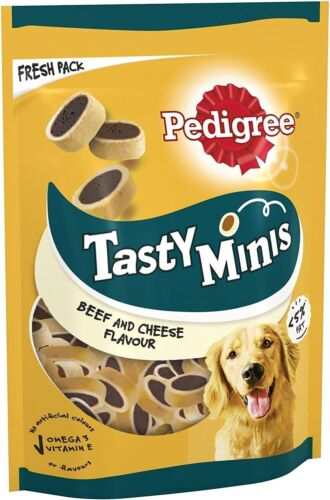 Pedigree Tasty Minis Beef and Cheese Dog Treats 140g bag, cheese dog treats.