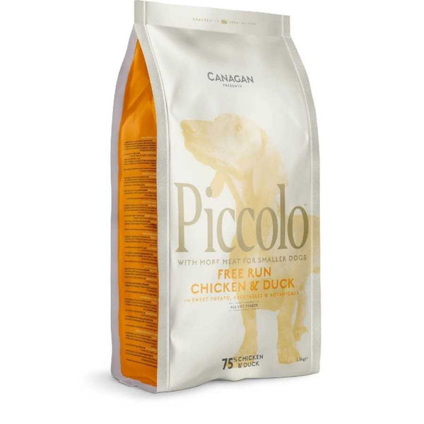 Piccolo Chicken and Duck Dog Dry Food for Small Breed Dogs packaging.