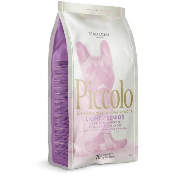 Piccolo Senior Light Dog Dry Food for Small Breed Dogs packaging with 70% chicken and salmon, grain-free formula.