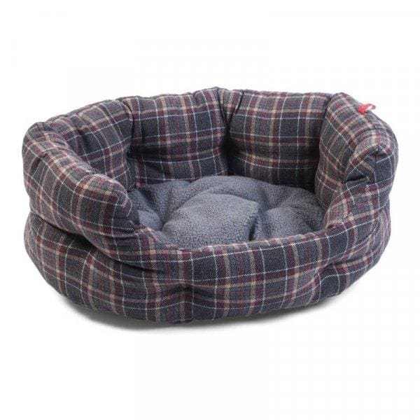Plaid Oval Dog Bed with high sides and reversible cushion in dark grey, purple, and heather colors.