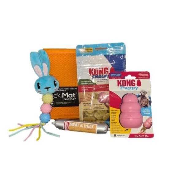 Puppy Boredom Buster Bundle with LickiMat, Ancol Teether Toy, KONG Puppy Toy, KONG Snacks, and Meat Love Training Treats.