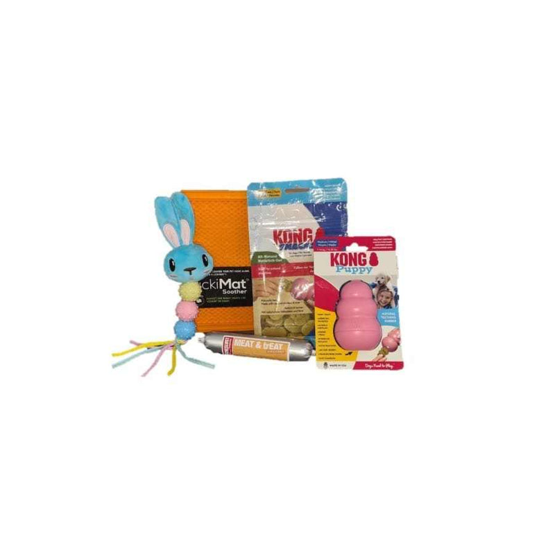 Puppy Boredom Buster Bundle with LickiMat, Ancol Teether Toy, KONG Puppy Toy, KONG Snacks, and Meat Love Training Treat.