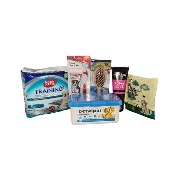 Puppy Clean and Bright Bundle with training pads, pet wipes, dental kit, wooden brush, shampoo, and antibacterial poo bags.