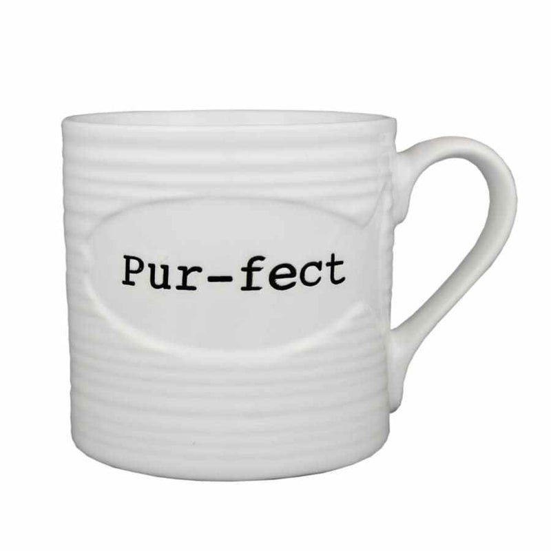 Stoneware mug for cat lovers with "Pur-fect" text, microwave and dishwasher safe.