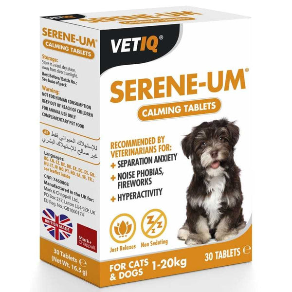 Serene-Um Extra Calming Tablets for Dogs, 30 tablets box, alleviates hyperactivity and noise phobias without sedation.