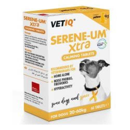 Serene-Um Extra Calming Tablets for Dogs - 60 tablets box showing packaging with text and dog image.