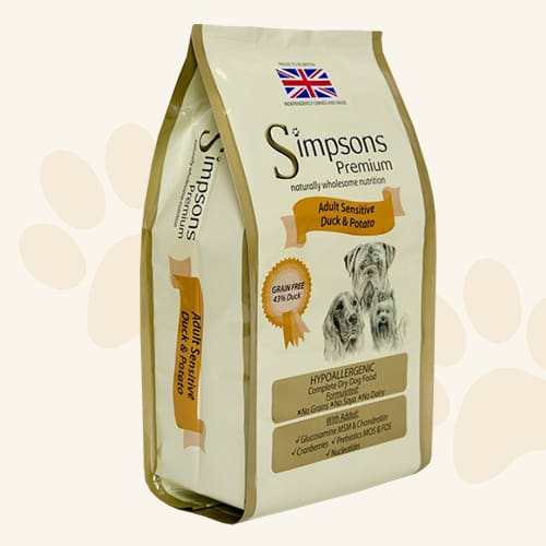 Simpsons Adult Sensitive Duck & Potato Dry Dog Food bag.