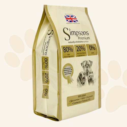 Simpsons Premium Adult 80-20 Mixed Fish Dry Dog Food, grain-free, hypoallergenic dog food, high fish content, available in 2kg and 12kg bags.