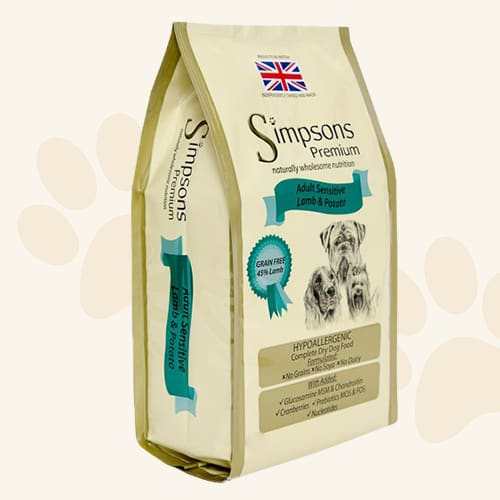 Simpsons Premium Adult Sensitive Lamb & Potato Dry Dog Food bag, grain-free and hypo-allergenic formula.