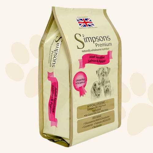 Simpsons Premium Adult Sensitive Salmon & Potato Dry Dog Food bag with hypo-allergenic, grain-free, and high meat content features.