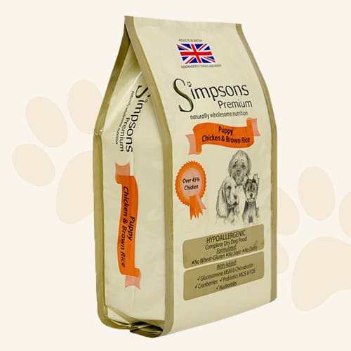 Simpsons Premium Puppy Chicken and Brown Rice Dry Puppy Food 2kg package.