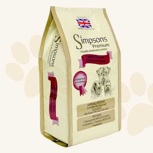 Simpsons Premium Sensitive Chicken & Potato Dry Dog Food packaging with hypoallergenic and grain-free labels.
