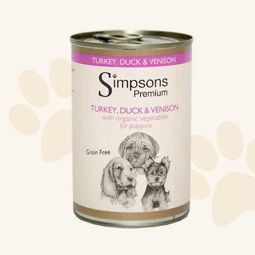 Simpsons Premium Turkey, Duck & Venison Casserole for Puppies wet dog food can.