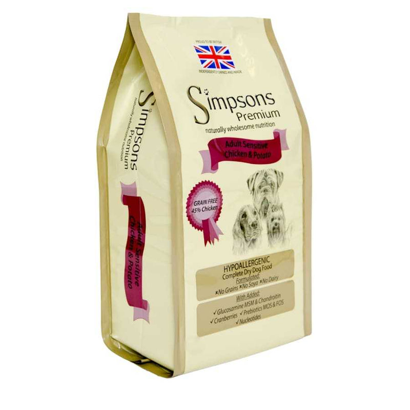 Simpsons Sensitive Chicken & Potato Dog Food Bundle with treat bag, ideal for dogs with sensitive skin and digestion.