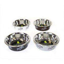 Stainless steel dog feeding bowls with paw print design and anti-slip rubber base in assorted colors.