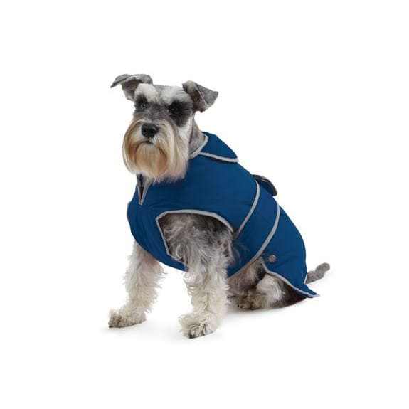 Ancol Stormguard Navy Waterproof Dog Coat with reflective tape and chest protector.