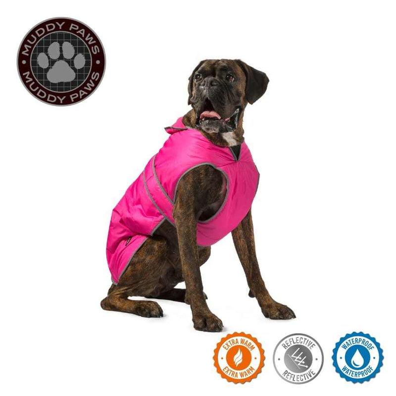 Ancol Stormguard Pink Waterproof Dog Coat with reflective edging and chest protection, featuring elasticated neck and leg straps for a snug fit.