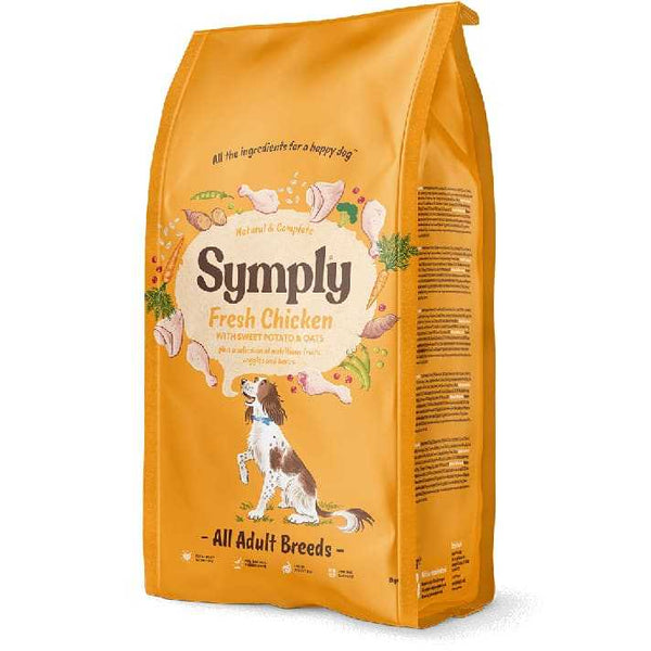 Symply Adult Chicken Dry Dog Food packaging for all adult breeds, featuring natural ingredients and fresh chicken illustration.