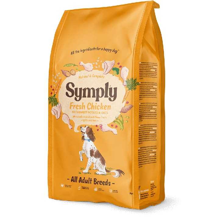Symply Adult Chicken Dry Dog Food packaging for all adult breeds, featuring natural ingredients and fresh chicken illustration.