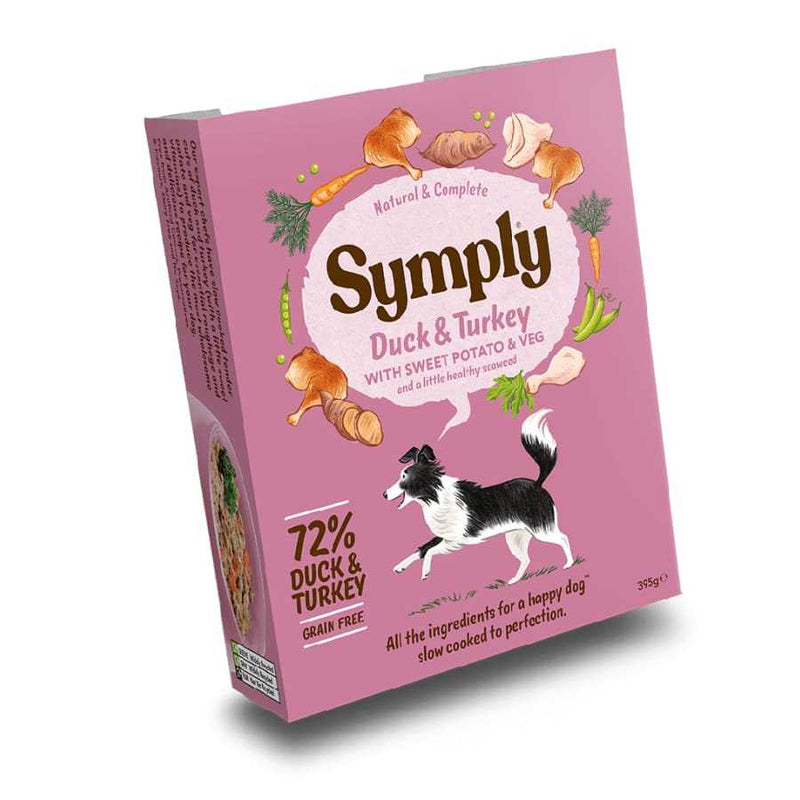 Symply Duck & Turkey wet dog food tray 395g grain-free with sweet potato and vegetables for adult dogs
