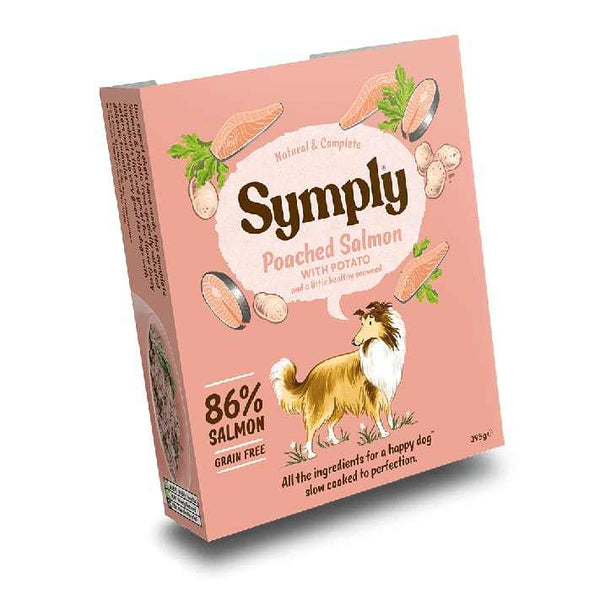 Symply Poached Salmon Wet Dog Food Trays 7 x 395g, grain-free, hypoallergenic, nutritious, featuring 86% salmon and potato.