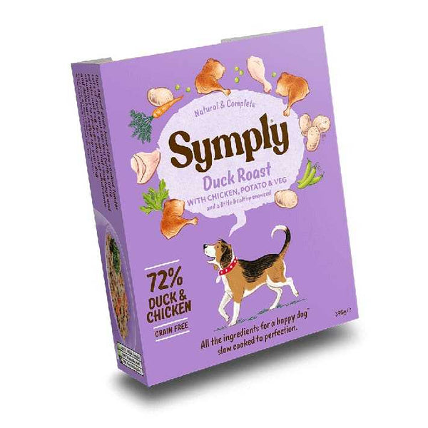 Symply Grain Free Roast Duck 395g Wet Dog Food Tray packaging with natural ingredients, grain-free, high in duck and chicken proteins.