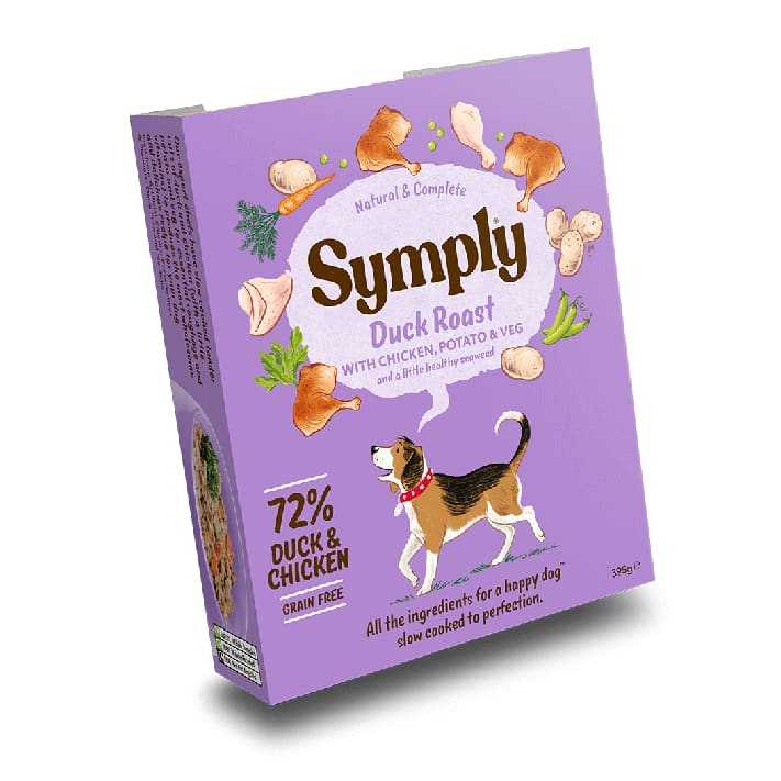 Symply Grain Free Roast Duck 395g Wet Dog Food Tray packaging with natural ingredients, grain-free, high in duck and chicken proteins.