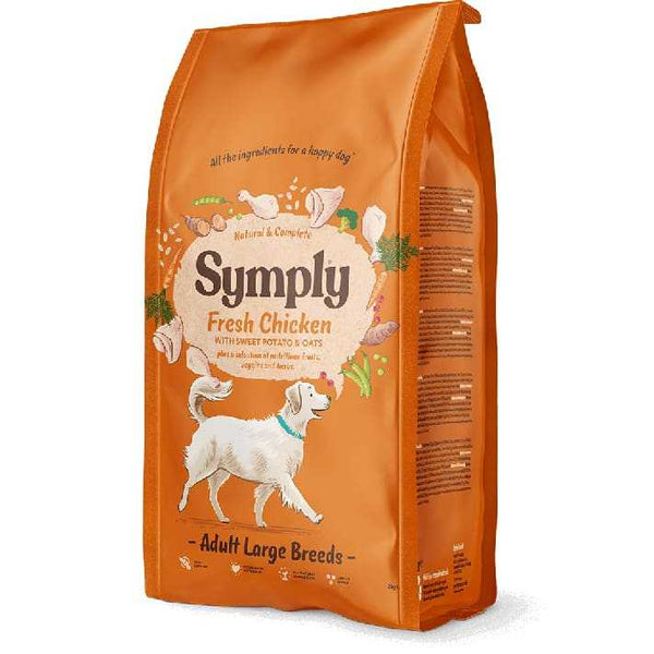 Symply Large Breed Adult Chicken Dry Dog Food packaging for dogs over 22kg.