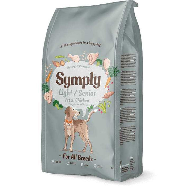Symply Light-Senior Dry Dog Food package with fresh chicken illustration for all breeds.