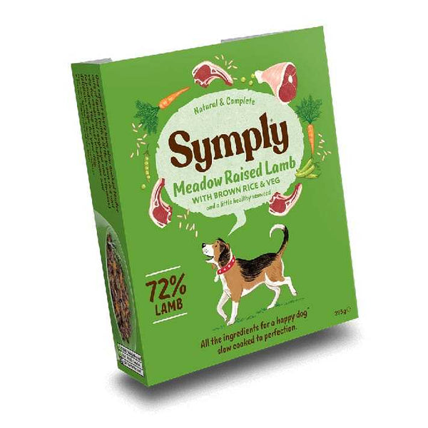 Symply Meadow Raised Lamb 395g Wet Dog Food Tray packaging with natural ingredients.