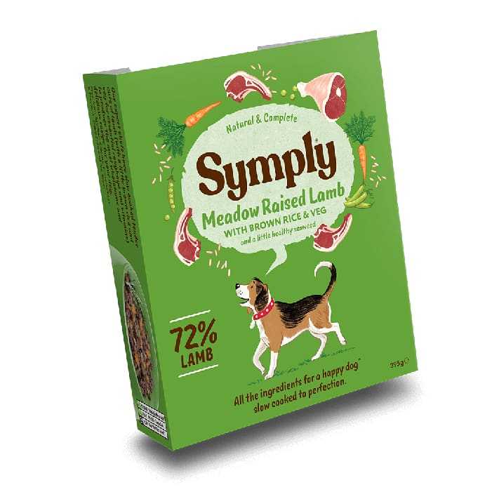 Symply Meadow Raised Lamb 395g Wet Dog Food Tray packaging with natural ingredients.