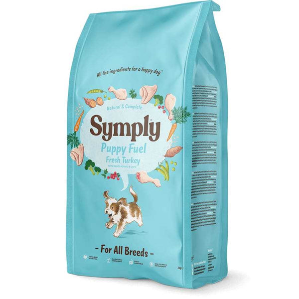 Symply Puppy Fuel Dry Dog Food with Fresh Turkey, hypoallergenic and nutritious for puppies.