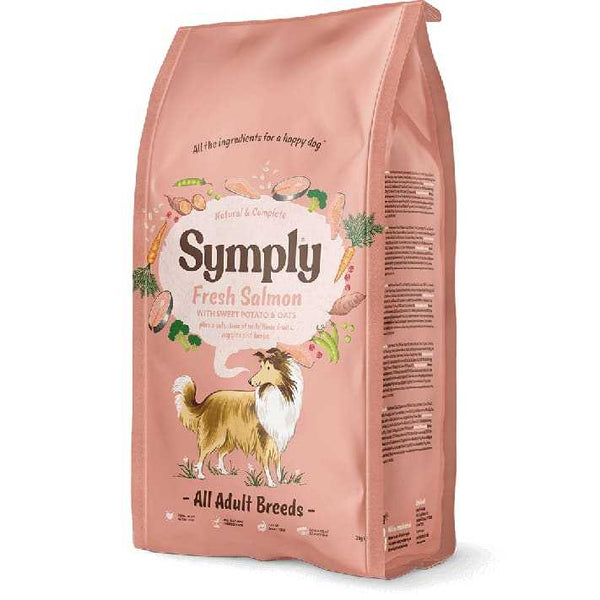 Symply Adult Salmon Dry Dog Food packaging for all adult breeds.