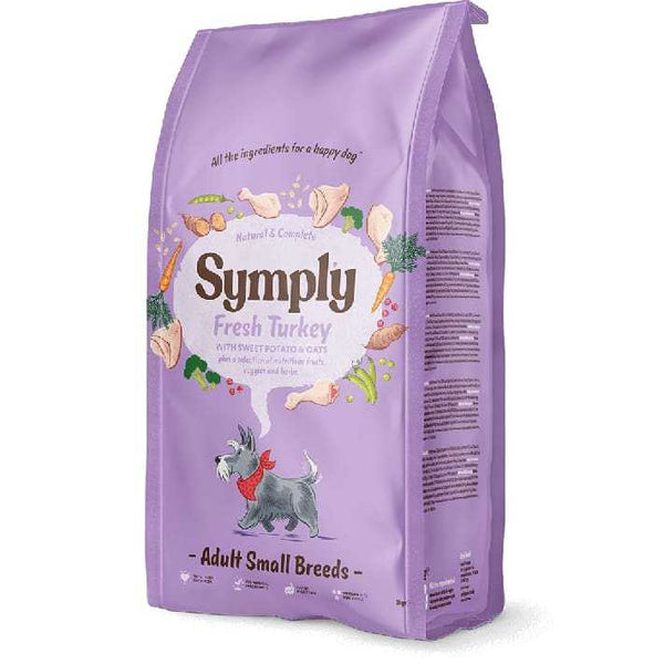 Symply Small Breed Adult Dry Dog Food with Fresh Turkey, suitable for small or toy breeds, hypoallergenic, wheat-free, easy to digest.