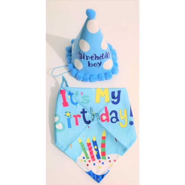 Blue birthday boy dog hat and bandana pack with colorful design.