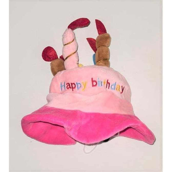 Birthday Cake Dog Hat in pink with candle design and "Happy Birthday" text.
