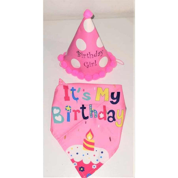Pink birthday hat and bandana for dogs with "Birthday Girl" and "It's My Birthday" designs.