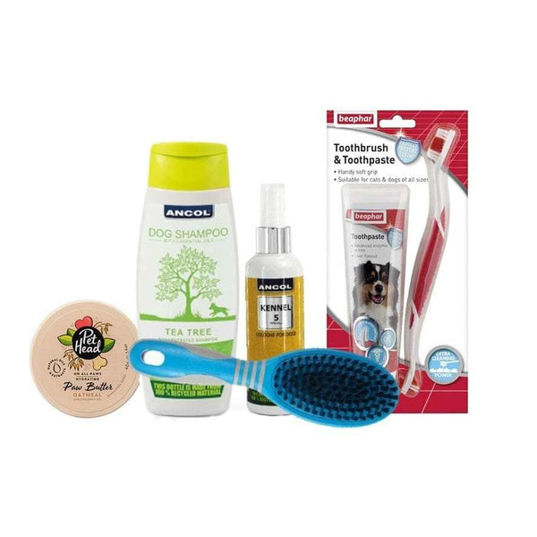 Dog Pamper Pack with Ancol shampoo, deodorising spray, bristle brush, Beaphar toothpaste, and Pet Head paw balm.