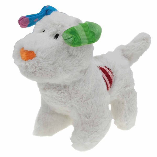 Snowdog Dog Toy with squeaker and sock ears, plush and soft for cuddling and play.