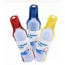 Travel water bottle for pets with attached drinking bowl, available in red, blue, and yellow.