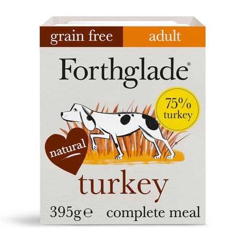 Grain free turkey with sweet potato and vegetables wet dog food, 395g package.