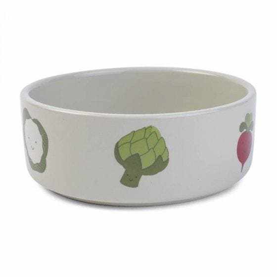 Veggie Ceramic Dog Bowl with vegetable design, durable stoneware, available in various sizes.
