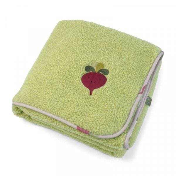 Veggie Patch Dog Comforter Blanket with green and grey piping, featuring a faux fur and sherpa fabric design.