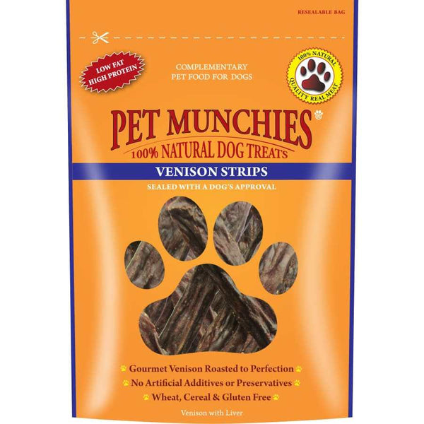 Venison Strips 75g resealable bag, 100% natural dog treat, low fat, high protein, gluten-free.