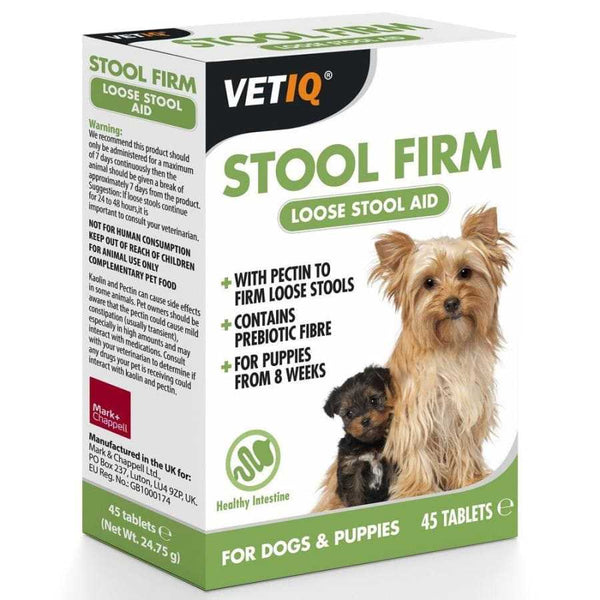VetIQ Stool Firm Loose Stool Aid Tablets for Dogs, 45-pack, with Pectin and Pumpkin for stool firmness, suitable for dogs over 8 weeks.