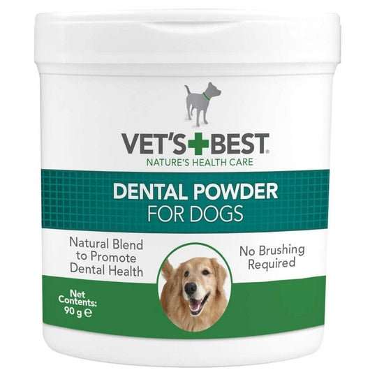 Vet's Best Dental Powder for Dogs 90g tub with natural ingredients for dental health.