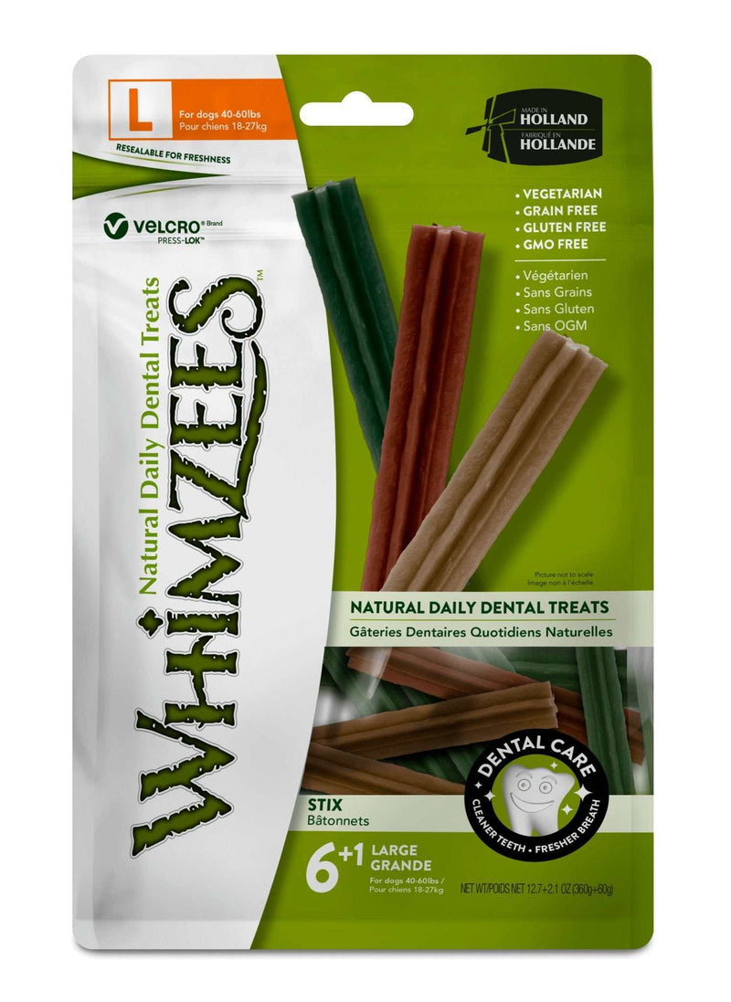 Whimzee Daily Dental Dog Treats package with natural ingredients and grooved shapes for effective plaque removal.